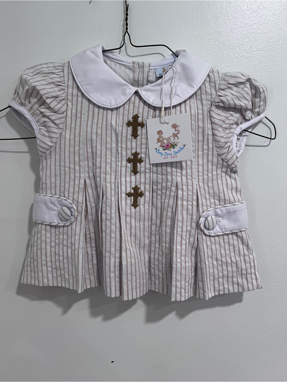 Busy Bee Smocks Cream & Tan Striped Peter Pan Collar Top and Bloomers